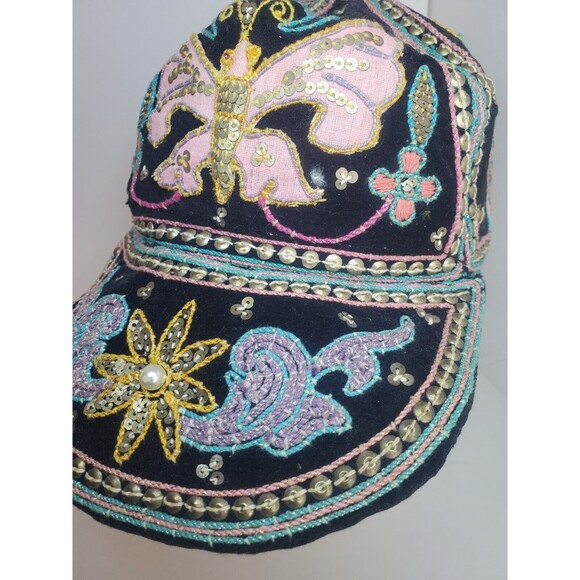 Vintage Womens Beaded Aplique Wide Brim Baseball Cap Hat Made In Burma Sz L main image 9